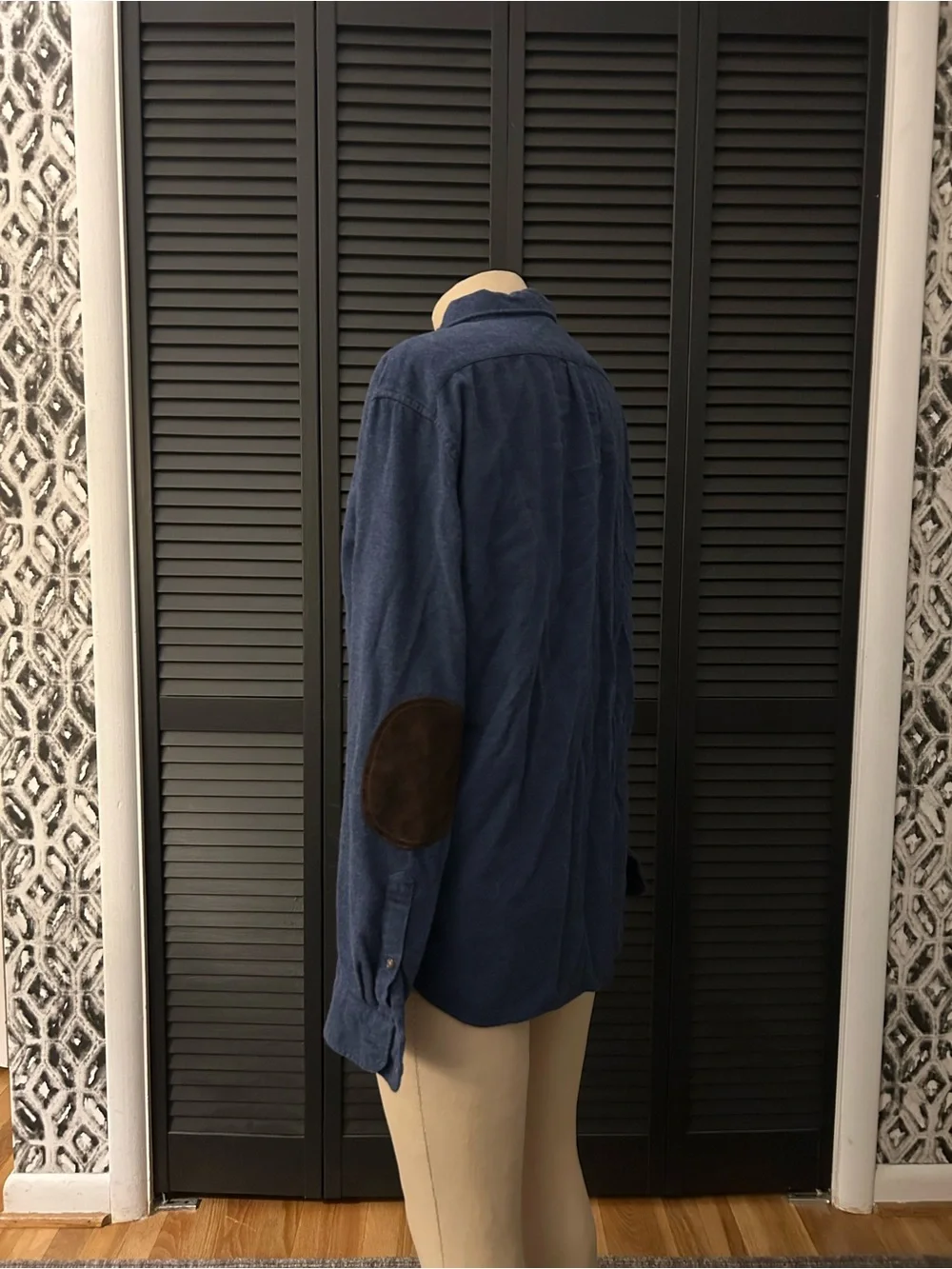 J. Crew Men's Button-Down Shirt in Navy with Brown Leather Elbow Patches